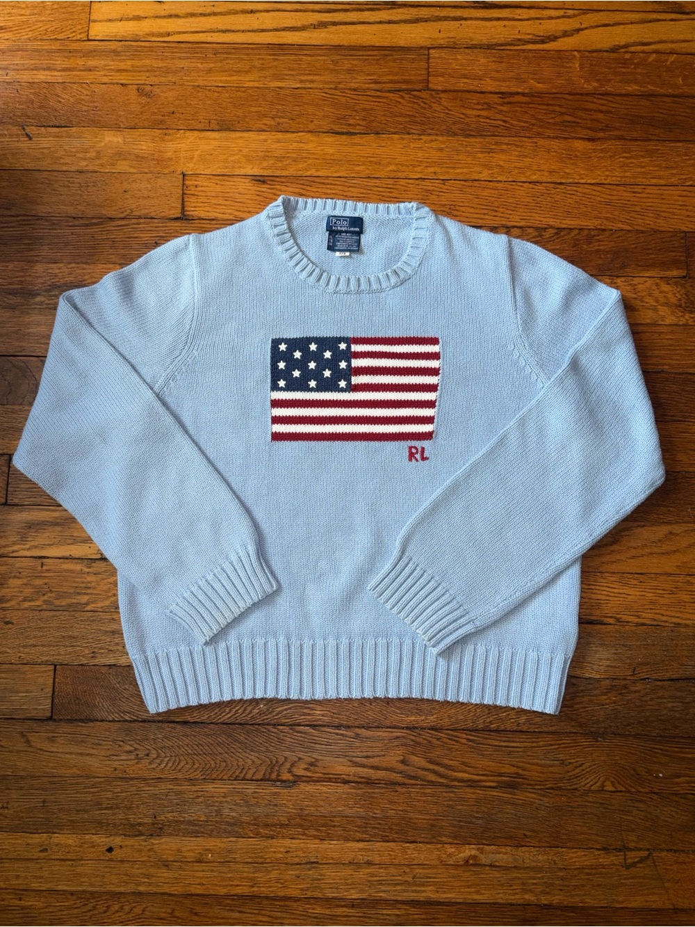 Polo Ralph Lauren Light Blue Iconic American Flag Cotton Knit Sweater Size XL - Picture 9 of 12